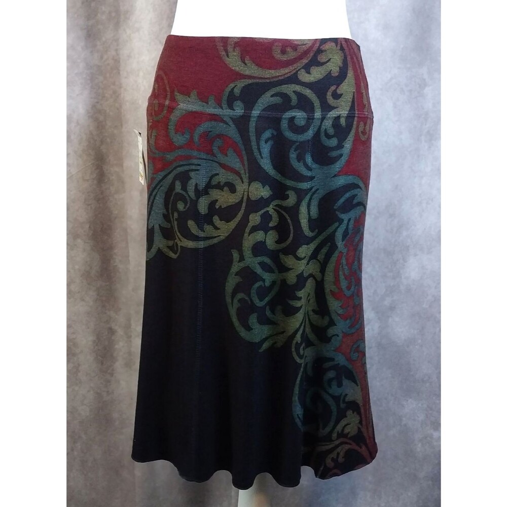 Vintage Ashley Blue Black Red & Green Damask Scroll Print Knit Midi Skirt Size S